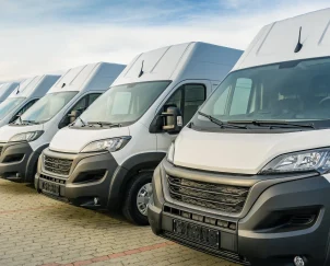 Row of white fleet vans parked together